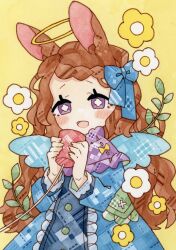 Rule 34 | 1girl, absurdres, angel, angel wings, animal ears, blue dress, blue ribbon, blue wings, blush, bright pupils, brown hair, buttons, commentary request, dress, flower, flower-shaped pupils, frilled dress, frilled scarf, frills, hair ribbon, halo, highres, holding, long hair, long sleeves, looking at viewer, lupin strawberry, open mouth, original, painting (medium), purple eyes, purple scarf, rabbit ears, ribbon, scarf, simple background, smile, standing, string phone, symbol-shaped pupils, traditional media, upper body, watercolor (medium), wavy hair, white flower, white pupils, wings, yellow background, yellow flower
