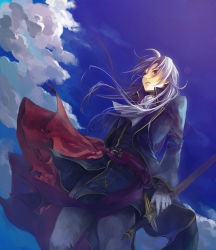 Rule 34 | 1boy, arthur (fire emblem: genealogy of the holy war), brown eyes, fire emblem, fire emblem: genealogy of the holy war, from below, gloves, grey gloves, hair between eyes, holding, holding sword, holding weapon, kaito (sawayakasawaday), long hair, male focus, nintendo, outdoors, silver hair, sky, solo, sword, weapon