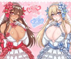 Rule 34 | 2girls, :o, ;d, bad id, bad twitter id, bare shoulders, blonde hair, blue bow, blue bowtie, blue eyes, blue ribbon, blush, bow, bowtie, breasts, bridal veil, brown hair, character name, cleavage, covered erect nipples, criss-cross halter, dark-skinned female, dark skin, dress, elbow gloves, finger to mouth, flying sweatdrops, gloves, hair ornament, hair ribbon, hairband, halterneck, heart, heart background, heart tattoo, large breasts, lolita hairband, long hair, looking at viewer, multiple girls, nose blush, one eye closed, open mouth, original, pink eyes, red bow, red bowtie, red ribbon, ribbon, shiny skin, sidelocks, smile, suzuneko (yume no kyoukai), sweat, tattoo, twitter username, upper body, veil, wedding dress, white dress, white gloves
