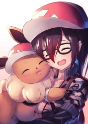 Rule 34 | 1girl, :d, ^ ^, baseball cap, black-framed eyewear, black hair, chromatic aberration, closed eyes, commentary request, creatures (company), crossover, eevee, game freak, gen 1 pokemon, glasses, gradient background, gradient hair, happy, hat, highres, hololive, jacket, long hair, mechanical arms, multicolored hair, nintendo, open mouth, pokemon, pokemon (creature), pokemon lgpe, red hair, roboco-san, roboco-san (1st costume), simple background, smile, totoya z, virtual youtuber