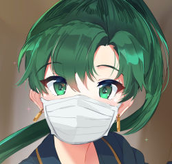 Rule 34 | 1girl, brown background, covered mouth, earrings, face mask, fire emblem, fire emblem: the blazing blade, gradient background, green eyes, green hair, high ponytail, jewelry, looking at viewer, lyn (fire emblem), mask, mouth mask, nintendo, ormille, portrait, solo, sparkle, surgical mask