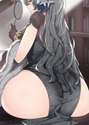 Rule 34 | 1girl, ass, azur lane, black dress, black gloves, book, bookshelf, breasts, china dress, chinese clothes, closed mouth, dress, feather boa, flower, from behind, gloves, green hair, hair flower, hair ornament, hand fan, holding, holding fan, indoors, large breasts, long hair, looking at viewer, looking back, official alternate costume, ootani nonno, ponytail, red eyes, saint-louis (alluring administrator) (azur lane), saint-louis (azur lane), short sleeves, sitting, smile, solo, sunlight, wide hips