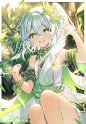 Rule 34 | 1girl, :d, armpit peek, bare shoulders, bloomers, blush, bracelet, cape, coyucom, cross-shaped pupils, detached sleeves, dress, genshin impact, gradient hair, green cape, green eyes, green sleeves, hair between eyes, hair ornament, highres, jewelry, knees, leaf, long hair, looking at viewer, multicolored hair, nahida (genshin impact), open mouth, pointy ears, side ponytail, sidelocks, smile, solo, symbol-shaped pupils, underwear, white bloomers, white dress, white hair