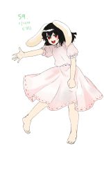 Rule 34 | 1girl, absurdres, animal ears, bare legs, barefoot, black hair, buck teeth, commentary request, derivative work, dress, floppy ears, frilled dress, frills, full body, happy, highres, inaba tewi, korean commentary, kuya (hey36253625), open mouth, pink dress, puffy short sleeves, puffy sleeves, rabbit ears, rabbit girl, red eyes, short hair, short sleeves, simple background, teeth, touhou, translation request, white background