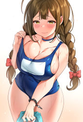 Rule 34 | 1girl, alternate costume, alternate hairstyle, arm under breasts, between breasts, blue one-piece swimsuit, blush, bracelet, braid, breasts, brown eyes, brown hair, bust cup, cleavage, closed mouth, coiled cord, competition swimsuit, covered navel, curvy, embarrassed, gradient background, hair ribbon, highres, idolmaster, idolmaster shiny colors, jewelry, key, kuwayama chiyuki, large breasts, lifting own clothes, light brown hair, long hair, looking at viewer, one-piece swimsuit, ribbon, standing, strap lift, swimsuit, tem10, twin braids, water, wet, wide hips, wristband
