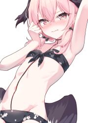 Rule 34 | arm up, bikini, black bikini, black bow, black wings, blue archive, blush, bow, closed mouth, commentary request, cowboy shot, flat chest, floral print, front-tie bikini top, front-tie top, hair between eyes, hair bow, hand up, head wings, highres, koharu (blue archive), koharu (swimsuit) (blue archive), looking at viewer, low twintails, low wings, official alternate costume, pink eyes, pink hair, print bikini, simple background, swimsuit, tattoo, toriefuni, twintails, white background, wings