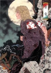 Rule 34 | 1boy, blonde hair, blood, closed mouth, floral print, from side, hakama, hakama skirt, half-closed eyes, highres, japanese clothes, katana, looking away, male focus, metal gear (series), moon, night, profile, raiden (metal gear), skirt, solo, sword, traditional clothes, weapon, yamamoto takato