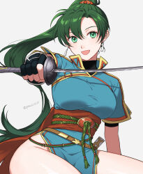 Rule 34 | 1girl, commentary, earrings, fingerless gloves, fire emblem, fire emblem: the blazing blade, gloves, green eyes, green hair, hand guard, highres, holding, holding sword, holding weapon, jewelry, long hair, looking at viewer, lyn (fire emblem), nintendo, open mouth, peach11 01, pelvic curtain, ponytail, sitting, smile, solo, sword, thighs, undershirt, very long hair, watermark, weapon