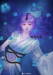 Rule 34 | 1girl, absurdres, arm up, artist request, asymmetrical sleeves, blue background, bug, butterfly, closed mouth, flower, hair ornament, highres, insect, light particles, looking at viewer, lotus, lying, on back, purple eyes, purple hair, qinshi mingyue, realistic, second-party source, shao siming (qinshi mingyue), solo, two-tone dress, upper body