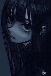 Rule 34 | 1girl, afternooners, black hair, blue theme, blunt bangs, greyscale, highres, long hair, looking at viewer, mole, mole under eye, monochrome, original, parted lips, signature, solo, upper body