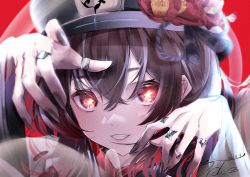 Rule 34 | 1girl, absurdres, black nails, breasts, fingernails, flower, genshin impact, hat, hat flower, highres, hu tao (genshin impact), jewelry, long sleeves, looking at viewer, nail polish, portrait, red background, red eyes, ring, simple background, smile, solo, star-shaped pupils, star (symbol), symbol-shaped pupils, teeth, urotare