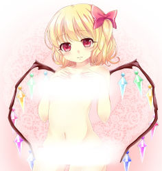 Rule 34 | 1girl, 3:, blonde hair, blush, body blush, breast hold, breasts, chemise, convenient censoring, flandre scarlet, hands on own chest, haruki (colorful macaron), heart, highres, hip focus, looking at viewer, navel, no bra, nude, red eyes, short hair, side ponytail, solo, steam, steam censor, touhou, wings