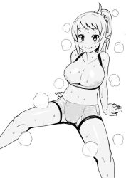 Rule 34 | 1girl, bad id, bad twitter id, bike shorts, breasts, cameltoe, check commentary, closed mouth, commentary request, greyscale, gundam, gundam build fighters, gundam build fighters try, hoshino fumina, large breasts, looking at viewer, medium hair, monochrome, simple background, smile, solo, sports bra, sweat, tamagoroo, white background