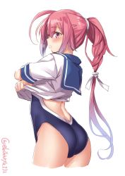 Rule 34 | 1girl, ahoge, arched back, butt crack, cowboy shot, ebifurya, from side, hair ribbon, highres, i-168 (kancolle), kantai collection, long hair, one-piece swimsuit, pink hair, ponytail, red hair, ribbon, school swimsuit, school uniform, serafuku, simple background, solo, swimsuit, swimsuit under clothes, thighs, twitter username, undressing, very long hair, white background