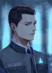 Rule 34 | 1boy, ame (conronca), android, black neckwear, brown eyes, brown hair, connor (detroit), detroit: become human, expressionless, grey jacket, jacket, looking at viewer, male focus, parted lips, solo, upper body