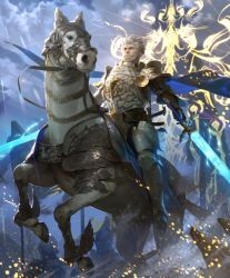 Rule 34 | 1boy, armor, artist request, banner, barding, beard, breastplate, cygames, dual wielding, eachtar, facial hair, glowing, glowing sword, glowing weapon, gold trim, holding, horse, light persona, mustache, official art, plate armor, reins, riding, shadowverse, shoulder armor, sword, weapon, white hair