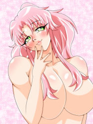 Rule 34 | 1girl, blush, breasts, closed mouth, convenient censoring, green eyes, hair censor, hair over breasts, hand to head, head tilt, highres, inabakun00, large breasts, long hair, looking at viewer, nude, original, pink background, pink hair, ponytail, rio (inaba), smile, solo, sparkle, sparkle background, standing, upper body