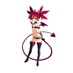 Rule 34 | 1girl, belt, black gloves, black thighhighs, boots, choker, demon girl, demon tail, demon wings, disgaea, earrings, etna (disgaea), female focus, flat chest, full body, gloves, harada takehito, highres, jewelry, lowleg, lowleg pants, mini wings, navel, official art, pants, pointy ears, red eyes, red hair, short shorts, shorts, skull earrings, slit pupils, smile, solo, tail, thigh boots, thighhighs, transparent background, wings