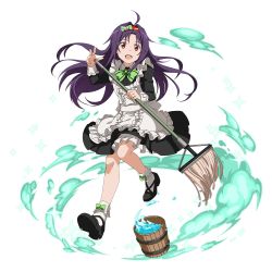 Rule 34 | 1girl, :d, ahoge, apron, black dress, bow, bowtie, dress, floating hair, frilled apron, frills, full body, green bow, green bowtie, hair bow, hairband, highres, looking at viewer, maid, official art, open mouth, purple eyes, purple hair, red eyes, red hairband, short dress, smile, socks, solo, sword art online, transparent background, water, white apron, white socks, yuuki (sao)
