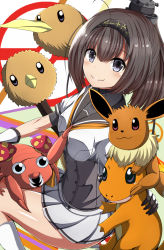 Rule 34 | 10s, 1girl, :3, absurdres, akizuki (kancolle), brown hair, charmander, commentary request, creatures (company), crossover, doduo, eevee, flame-tipped tail, game freak, gen 1 pokemon, gloves, grey eyes, hair ornament, hairband, highres, kantai collection, looking at viewer, masa masa, neckerchief, nintendo, open mouth, paras, pink eyes, pokemon, pokemon (creature), pokemon go, ponytail, school uniform, serafuku, skirt, smile, white gloves