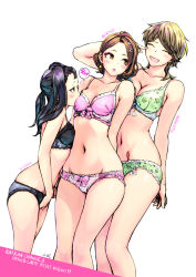 Rule 34 | 3girls, :d, ^ ^, age difference, arm behind back, artist name, black bra, black eyes, black hair, black panties, blush, bow, bow bra, bow panties, bra, breast biting, breast press, breasts, brown eyes, brown hair, carina (xiaowoo), character name, cleavage, closed eyes, collarbone, copyright name, dutch angle, eyelashes, eyeshadow, feet out of frame, female masturbation, finger to cheek, from side, girl sandwich, green bra, green panties, groin, hair ornament, hairclip, half-closed eyes, hand up, highres, hip focus, kaikan change, kishi mieko, kyouka (carina), lace, lace-trimmed bra, lace-trimmed panties, lace trim, laughing, legs together, lingerie, lipstick, long hair, looking at another, looking to the side, lowleg, lowleg panties, makeup, makoto (carina), masturbation, masturbation through clothes, medium breasts, medium hair, multicolored bra, multicolored clothes, multicolored panties, multiple girls, navel, onna shunin kishi mieko, open mouth, original, panties, parted bangs, parted lips, pink bow, pink bra, pink lips, pink panties, ponytail, saionji makoto, sandwiched, short hair, sidelocks, simple background, skindentation, small breasts, smile, speech bubble, standing, swept bangs, tassel, terada kyouka, thighs, translated, underwear, underwear only, wavy hair, white background, white bra, white panties, wide hips, yuri