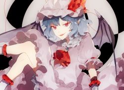 Rule 34 | 1girl, abstract background, arm support, armband, ascot, bat wings, bloomers, blue hair, brooch, commentary request, dress, fangs, frilled dress, frilled shirt, frilled shirt collar, frilled sleeves, frills, hat, hat ribbon, highres, jewelry, looking at viewer, mob cap, open mouth, pink skirt, pointy ears, puffy short sleeves, puffy sleeves, red ascot, red eyes, red ribbon, remilia scarlet, ribbon, shirt, short hair, short sleeves, shuukenyuu, sitting, skirt, skirt set, slit pupils, smile, smirk, solo, touhou, underwear, wavy hair, white legwear, wings, wrist cuffs