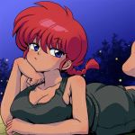 Rule 34 | 1girl, animated, ass, blinking, blue eyes, braid, breasts, cleavage, genderswap, genderswap (mtf), large breasts, looking at viewer, lying, no bra, on stomach, ranma-chan, ranma 1/2, red hair, saotome ranma, shorts, single braid, solo, sweat, tank top, video, wanta (futoshi)
