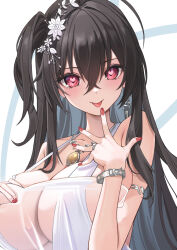 Rule 34 | 1girl, alternate costume, azur lane, bare shoulders, black hair, blush, breasts, collarbone, crossed bangs, flower, hair between eyes, hair flower, hair ornament, hand on own chest, head tilt, heart, heart-shaped pupils, highres, large breasts, looking at viewer, pink eyes, portrait, see-through, side ponytail, soar sora222, solo, symbol-shaped pupils, taihou (azur lane), taihou (temptation on the sea breeze) (azur lane), tongue, tongue out
