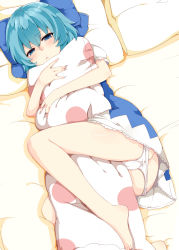 Rule 34 | 1girl, ass, bare legs, barefoot, bed, blue dress, blue eyes, blue hair, blush, bow, butt crack, cirno, dress, frown, hair bow, knee up, looking at viewer, lying, matching hair/eyes, nuko (mikupantu), hugging object, on back, on bed, on side, panties, panty pull, pantyshot, pillow, pillow hug, polka dot pillow, puffy short sleeves, puffy sleeves, revision, short hair, short sleeves, solo, touhou, underwear, white panties