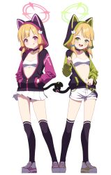 Rule 34 | 2girls, :q, absurdres, animal ears, animal hood, black choker, black jacket, blonde hair, blue archive, blush, bow, breasts, cat hood, cat tail, choker, closed mouth, commentary request, fake animal ears, full body, green eyes, green halo, hair bow, halo, hands in pockets, highres, hood, hood up, hooded jacket, jacket, long sleeves, looking at viewer, medium hair, midori (blue archive), miniskirt, momoi (blue archive), multicolored clothes, multicolored jacket, multiple girls, navel, open mouth, over-kneehighs, partially unzipped, pink eyes, pink halo, pleated skirt, shoes, short shorts, shorts, siblings, simple background, sisters, sizque, skirt, small breasts, smile, standing, tail, thighhighs, tongue, tongue out, twins, two-tone jacket, unzipping, white background, white footwear, white shorts, white skirt, zipper pull tab
