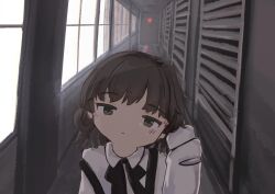 Rule 34 | 1girl, absurdres, black ribbon, brown eyes, brown hair, closed mouth, collared shirt, commentary request, expressionless, half-closed eyes, hallway, hand in own hair, hand up, hatoba tsugu, head tilt, highres, indoors, inunekoippiki, light blush, looking at viewer, medium hair, mole, mole under eye, neck ribbon, no headwear, ribbon, shirt, single hair ring, solo, straight-on, suspenders, suspenders slip, tsugu (vtuber), upper body, virtual youtuber, white shirt, window