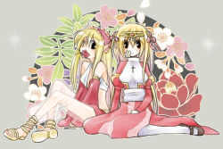 Rule 34 | 2girls, ark kan, black eyes, black footwear, blonde hair, blush, breasts, circlet, closed mouth, commentary request, cross, detached sleeves, dress, flower, flower in mouth, frilled hairband, frills, full body, grey background, gypsy (ragnarok online), hair between eyes, hairband, halterneck, high priest (ragnarok online), juliet sleeves, long hair, long sleeves, looking at viewer, mary janes, medium breasts, multiple girls, pants, pink hairband, pointy ears, puffy sleeves, ragnarok online, red dress, red flower, red sleeves, sandals, sash, see-through, shoes, sitting, smile, two-tone dress, white dress, white flower, white legwear, white pants, white sash, yellow footwear, yokozuwari