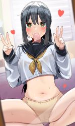 Rule 34 | 1girl, black hair, black sailor collar, blush, bottomless, condom, crop top, double v, female focus, female pov, green eyes, heart, heart-shaped pupils, highres, indoors, looking at viewer, mirror, motto notto, mouth hold, navel, original, panties, pov, reflection, sailor collar, solo, spread legs, squatting, symbol-shaped pupils, underwear, v, yellow neckwear
