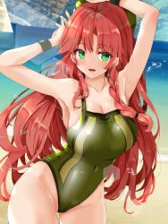 Rule 34 | 1girl, absurdres, alternate costume, bare shoulders, beach, beret, braid, breasts, colored eyelashes, fujiko (emnprmn), green eyes, hat, highres, hong meiling, large breasts, lens flare, long hair, ocean, one-piece swimsuit, red hair, single braid, swimsuit, touhou, wrist cuffs
