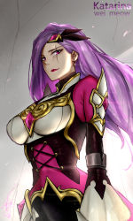 Rule 34 | 1girl, absurdres, artist name, battle queen katarina, breasts, character name, cowboy shot, dress, earrings, from side, gem, highres, jewelry, katarina (league of legends), large breasts, league of legends, long hair, long sleeves, looking at viewer, multicolored clothes, multicolored dress, pink dress, pink hair, red lips, scar, scar across eye, scar on face, smile, solo, wei miao