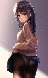 Rule 34 | 1girl, ass, black hair, black pantyhose, blue skirt, blush, brown cardigan, brown eyes, cardigan, clothes lift, commentary request, cowboy shot, from behind, hair ornament, highres, lifting own clothes, long hair, long sleeves, looking at viewer, looking back, original, panties, panties under pantyhose, pantyhose, parted lips, school uniform, shade, sidelighting, skirt, skirt lift, sleeves past wrists, solo, thighband pantyhose, underwear, x hair ornament, yukemuriganmo
