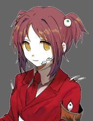 Rule 34 | 1girl, aqua eyes, armband, breasts, brown hair, closed mouth, collared shirt, commentary request, e.g.o (project moon), employee (project moon), extra eyes, eyeball hair ornament, green eyes, grey background, jacket, lobotomy corporation, necktie, outline, project moon, red jacket, red necktie, shirt, simple background, sketch, small breasts, smile, smoke (killscreen s), solo, two side up, white outline, white shirt, yellow eyes