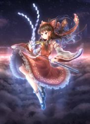 Rule 34 | 1girl, above clouds, alternate hair length, alternate hairstyle, ascot, aura, black footwear, blush, bow, breasts, brown hair, cloud, cloudy sky, detached sleeves, expressionless, floating, frilled bow, frilled ribbon, frilled shirt collar, frilled skirt, frilled socks, frills, full body, glowing, hair tubes, hakurei reimu, highres, legs, light particles, long hair, looking down, minust, night, night sky, red eyes, red skirt, ribbon, ribbon-trimmed sleeves, ribbon trim, sarashi, shoes, skirt, sky, small breasts, socks, solo, star (sky), starry sky, touhou, white socks, wide sleeves, yin yang