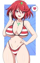 Rule 34 | 1girl, abysswatchers, bikini, blue background, border, breasts, collarbone, cowboy shot, eyebrows, eyelashes, female focus, hand on own hip, hand up, heart, holding, holding phone, large breasts, light blush, medium hair, navel, nintendo, open mouth, phone, pyra (xenoblade), red bikini, red hair, simple background, smile, smug, solo, standing, striped bikini, striped clothes, swimsuit, two-tone bikini, white bikini, white border, xenoblade chronicles (series)