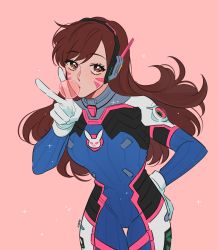 Rule 34 | 1girl, animal print, artist name, bodysuit, brown eyes, brown hair, blowing bubbles, chewing gum, com (com0107), cowboy shot, d.va (overwatch), facepaint, facial mark, gloves, hand on own hip, headset, highres, long hair, looking at viewer, matching hair/eyes, overwatch, overwatch 1, pilot suit, pink background, rabbit print, ribbed bodysuit, simple background, solo, sparkle, upper body, v, whisker markings, white gloves