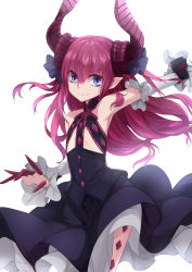 Rule 34 | &gt;:), 1girl, absurdres, armpits, bare shoulders, black dress, blue eyes, blue ribbon, closed mouth, commentary request, curled horns, detached sleeves, dragon horns, dress, elizabeth bathory (fate), elizabeth bathory (fate/extra ccc), elizabeth bathory (first ascension) (fate), fang, fang out, fate/grand order, fate (series), hair between eyes, hair ribbon, highres, horns, long hair, long sleeves, misaka76, pink hair, pointy ears, ribbon, sidelocks, simple background, sleeveless, sleeveless dress, smile, solo, two side up, v-shaped eyebrows, very long hair, white background