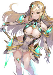 Rule 34 | 1girl, :o, armor, bare hips, bare legs, blush, breasts, cleavage, cleavage cutout, clothing cutout, dress, earrings, elbow gloves, faulds, feet out of frame, gem, gloves, highres, jewelry, koruse, large breasts, long hair, looking at viewer, mythra (xenoblade), nintendo, parted lips, short dress, shoulder armor, sidelocks, skindentation, solo, standing, straight hair, swept bangs, sword, thigh strap, tiara, v-shaped eyebrows, very long hair, weapon, white dress, white gloves, xenoblade chronicles (series), xenoblade chronicles 2, yellow eyes