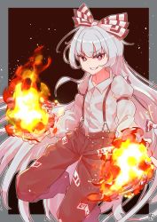 Rule 34 | 1girl, absurdres, arm garter, black background, bow, breasts, bright pupils, buttons, collared shirt, commentary request, eyelashes, feet out of frame, fire, fujiwara no mokou, grin, hand up, highres, long sleeves, looking at viewer, medium breasts, multiple bows, ofuda, ofuda on clothes, outside border, pants, puffy short sleeves, puffy sleeves, pyrokinesis, red pants, shirt, short sleeves, silver hair, smile, solo, suspenders, touhou, white pupils, white shirt, wing collar, wrist cuffs, zanasta0810