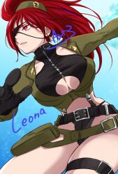 Rule 34 | 1girl, ayato g90210, belt, beret, breasts, character name, earrings, eyepatch, gloves, green jacket, hat, highres, holster, jacket, jewelry, large breasts, leona heidern, orochi leona, ponytail, red hair, snk, snk heroines: tag team frenzy, soldier, solo, the king of fighters, thong, triangle earrings, underboob
