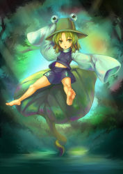 Rule 34 | 1girl, :o, animal print, arm up, bare legs, barefoot, blonde hair, breasts, brown hat, day, feet, female focus, forest, frog print, full body, hands in opposite sleeves, hat, katagi ren, leaf, light rays, long hair, long sleeves, looking at viewer, moriya suwako, nature, navel, open mouth, outdoors, plant, purple vest, sitting, skirt, small breasts, soles, solo, stomach, sunbeam, sunlight, toes, touhou, turtleneck, vest, wide sleeves, yellow eyes