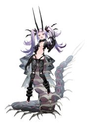 Rule 34 | 1girl, black gloves, black hairband, breasts, bug, centipede, commentary request, gloves, guagua0313, hairband, highres, horns, knee pads, long horns, looking at viewer, navel, no shoes, open mouth, original, red eyes, simple background, small breasts, solo, standing, stomach, tagme, white background, white hair