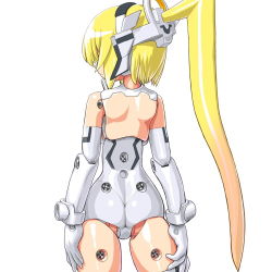 Rule 34 | 10s, 1girl, alternate costume, arnval, ass, back, bad id, bad pixiv id, blonde hair, busou shinki, dd (ijigendd), doll joints, elbow gloves, female focus, from behind, gloves, gradient hair, joints, long hair, mecha musume, multicolored hair, ponytail, screw, simple background, solo, standing, very long hair, white background