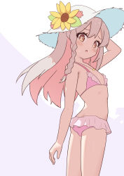 Rule 34 | 1girl, :o, absurdres, arm up, ass, bare arms, bare shoulders, bikini, blush, braid, brown eyes, colored inner hair, commentary, dodo24850918, flat ass, flat chest, flower, frilled bikini, frills, grey hair, hat, hat flower, highres, jewelry, looking at viewer, looking back, multicolored hair, onii-chan wa oshimai!, open mouth, oyama mahiro, pendant, pink bikini, pink hair, side braid, simple background, single braid, solo, sun hat, swimsuit, two-tone hair, white background