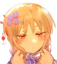 Rule 34 | 1girl, bad id, bad twitter id, blonde hair, blush, closed mouth, commentary, english commentary, flower, hair flower, hair ornament, hairpin, hands up, jitome, orange eyes, original, portrait, purple flower, purple scarf, scarf, simple background, solo, tsu (lovesick1964), two (tsu (lovesick1964)), white background