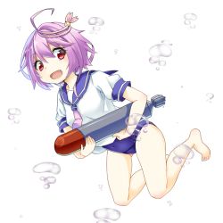 Rule 34 | 10s, 1girl, :d, ahoge, bad id, bad pixiv id, bubble, carrying, carrying under arm, fang, full body, hair ornament, i-58 (kancolle), kantai collection, looking at viewer, neckerchief, open mouth, purple hair, red eyes, sailor collar, school swimsuit, school uniform, serafuku, short hair, smile, solo, swimsuit, swimsuit under clothes, torpedo, transparent background, type 95 torpedo, white background, yani (nokori life1)